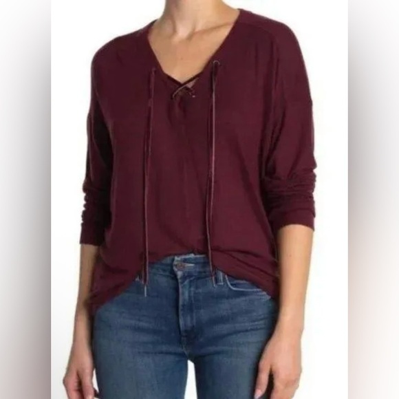 Rails Tops - Rails Burgundy Long Sleeve Top with Velvet Lace Up Detail - Size L